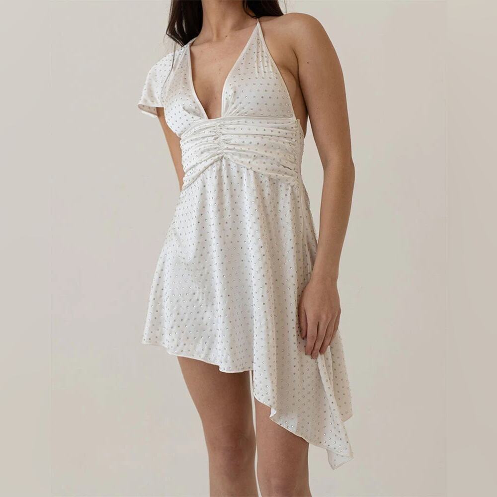 WeWoreWhat Crystal Asymmetrical Backless Satin Dress White Size 6